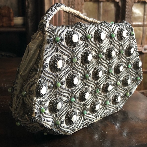 Vintage Silk, Natural Emeralds & Natural Baby Pearls Handbag ♥️ - Picture 10 of 16